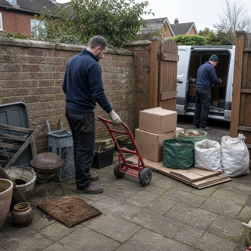 Garden clearance items sorted into boxes, sacks and neat piles.