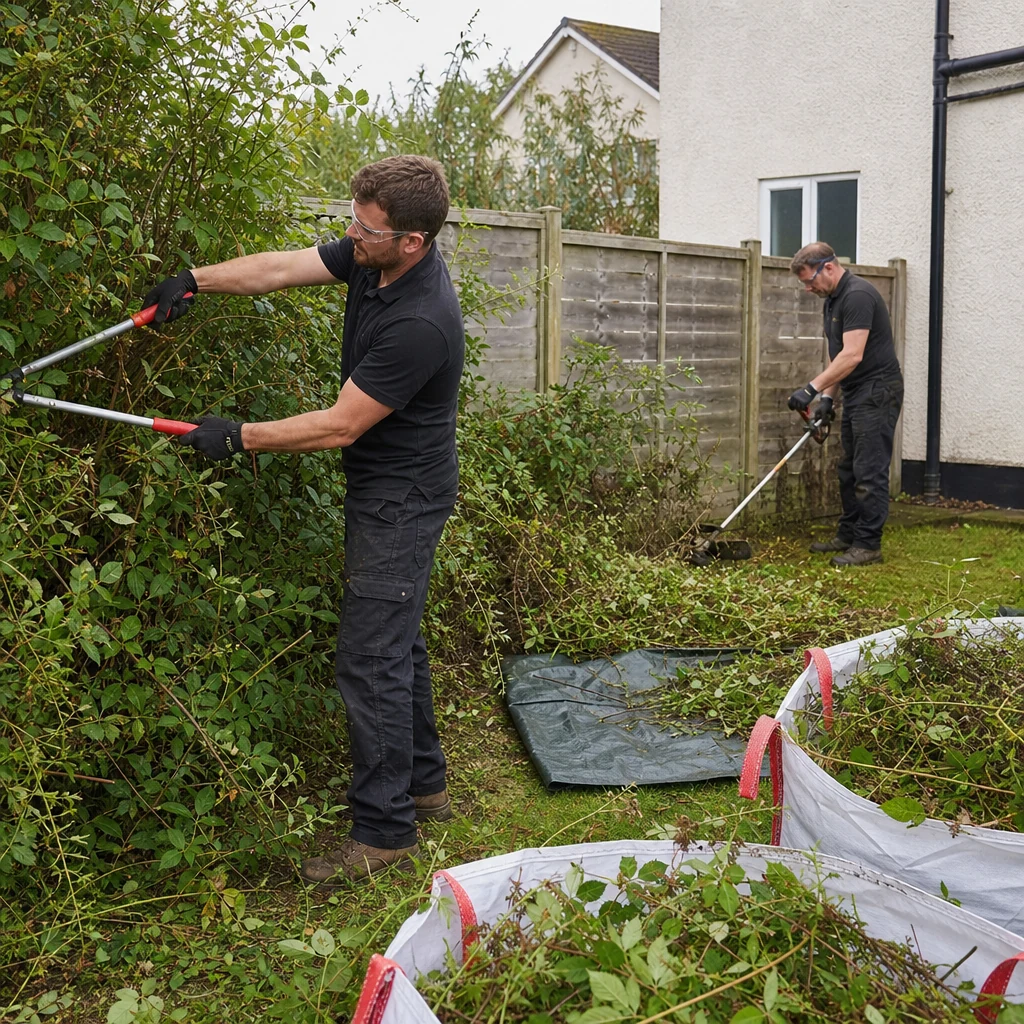 Workers cutting back overgrown shrubs and collecting green waste.