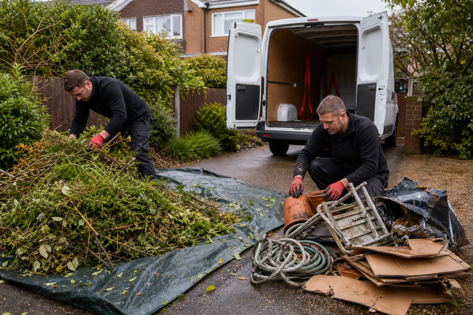 Workers sorting green waste and garden items beside a plain van.