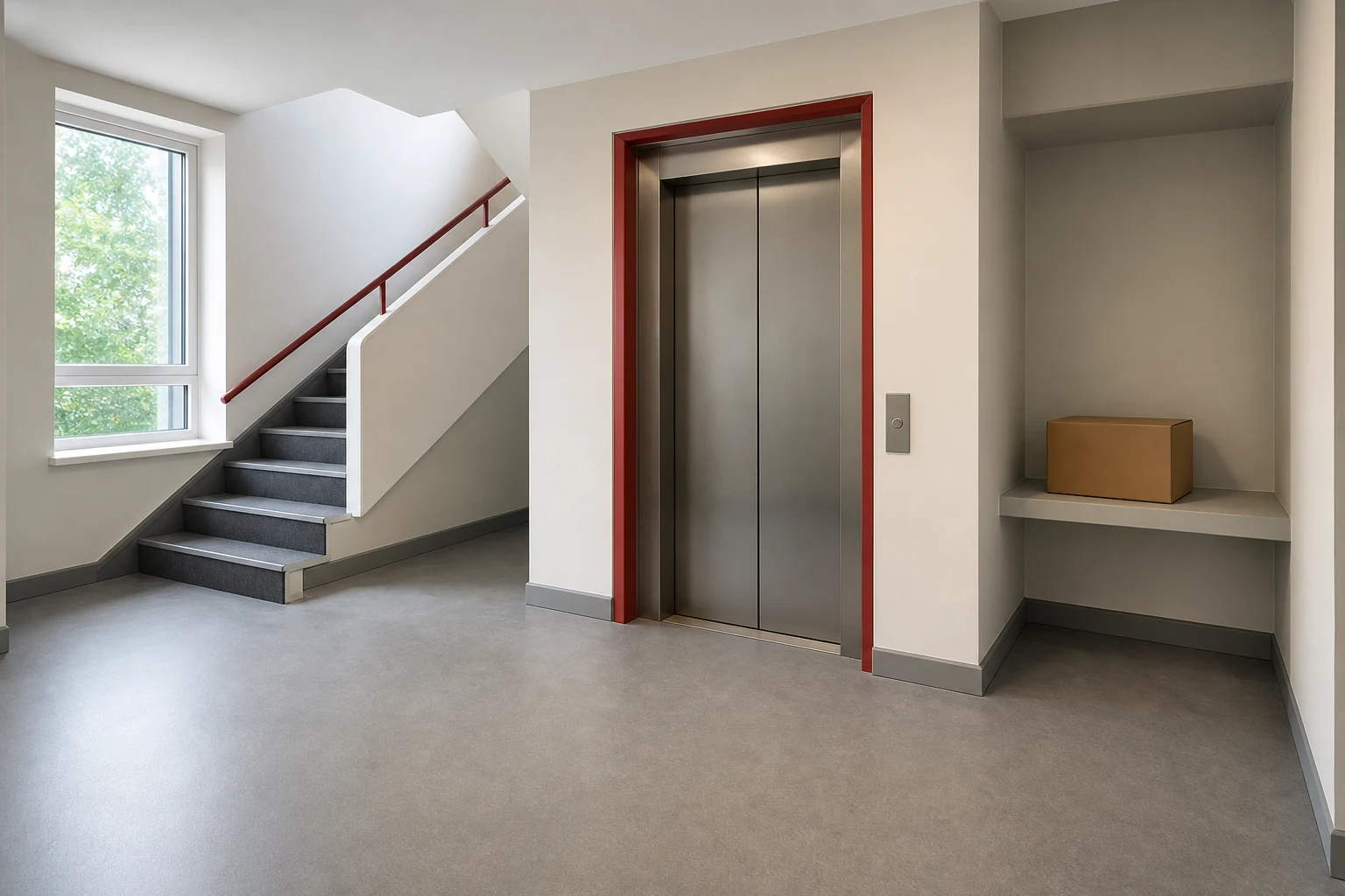 Clear lift lobby and stairwell with one neatly placed cardboard box.