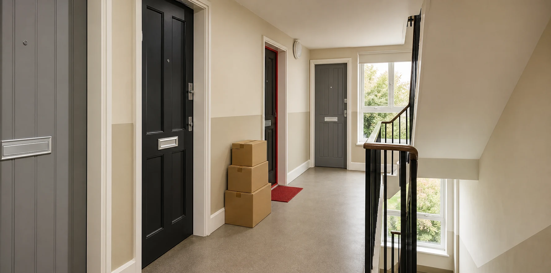 Tidy shared flat landing with neatly stacked cardboard boxes.