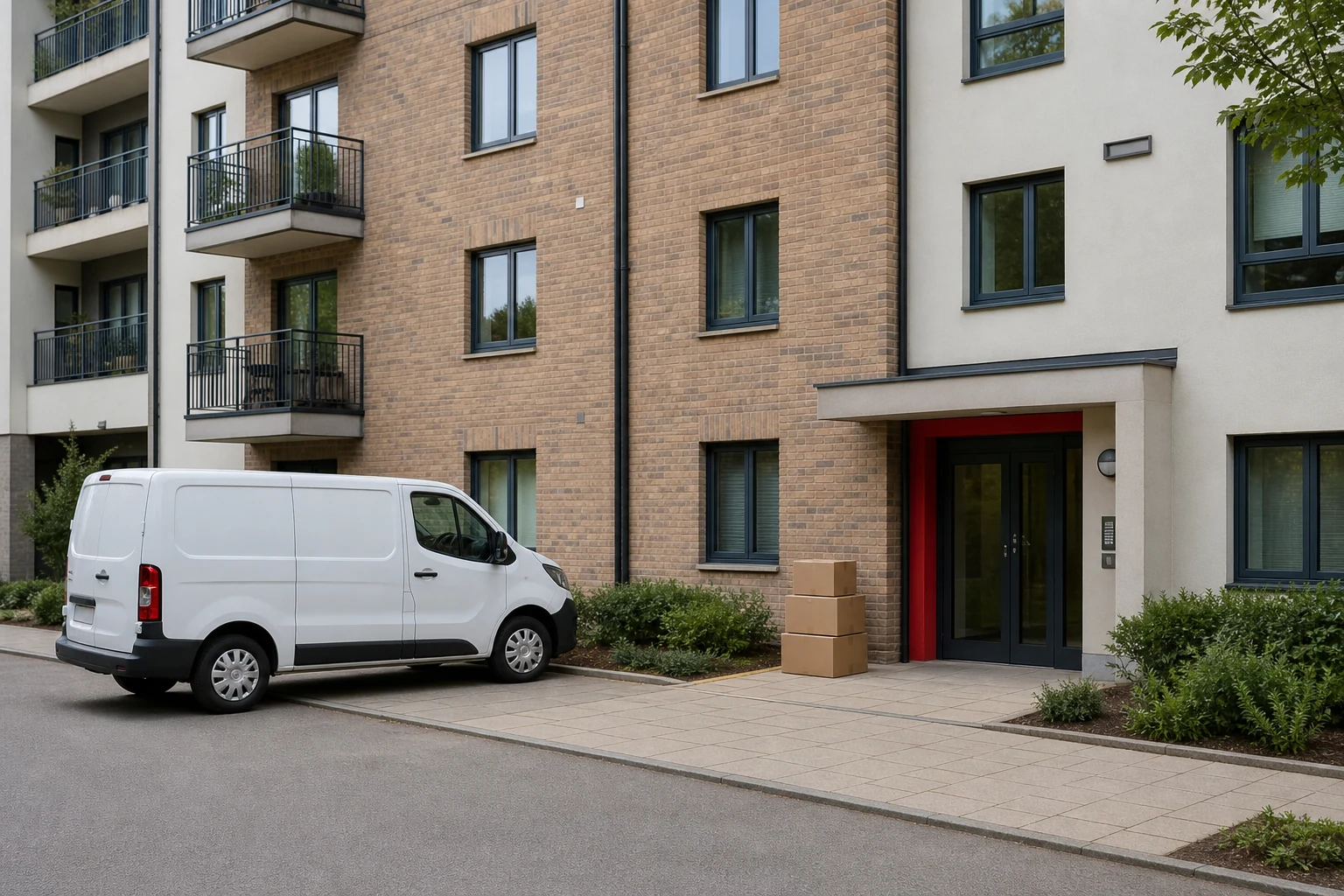 Unbranded van parked neatly outside a flat block with packed boxes nearby.