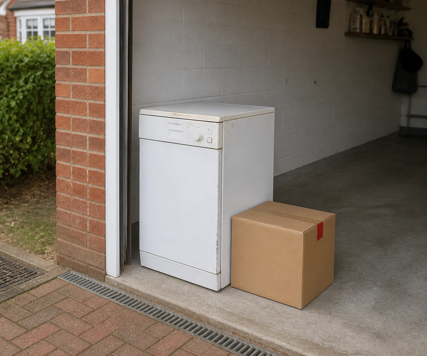 Old appliance placed neatly beside a clean garage.