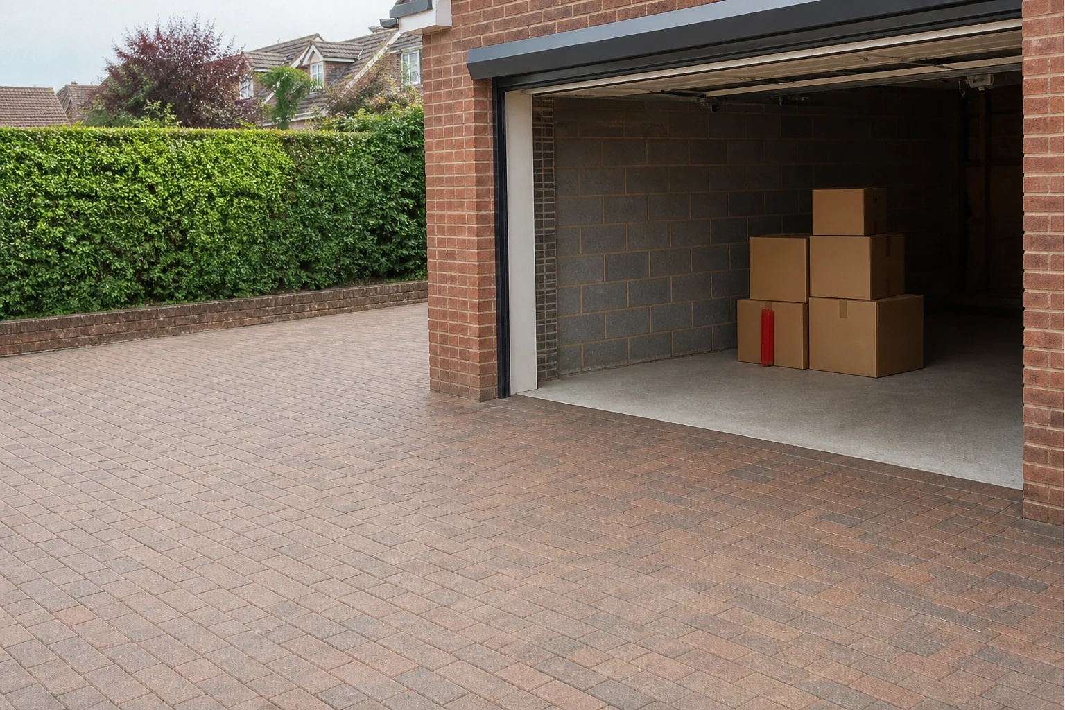 Orderly driveway with boxes stacked beside an open garage.