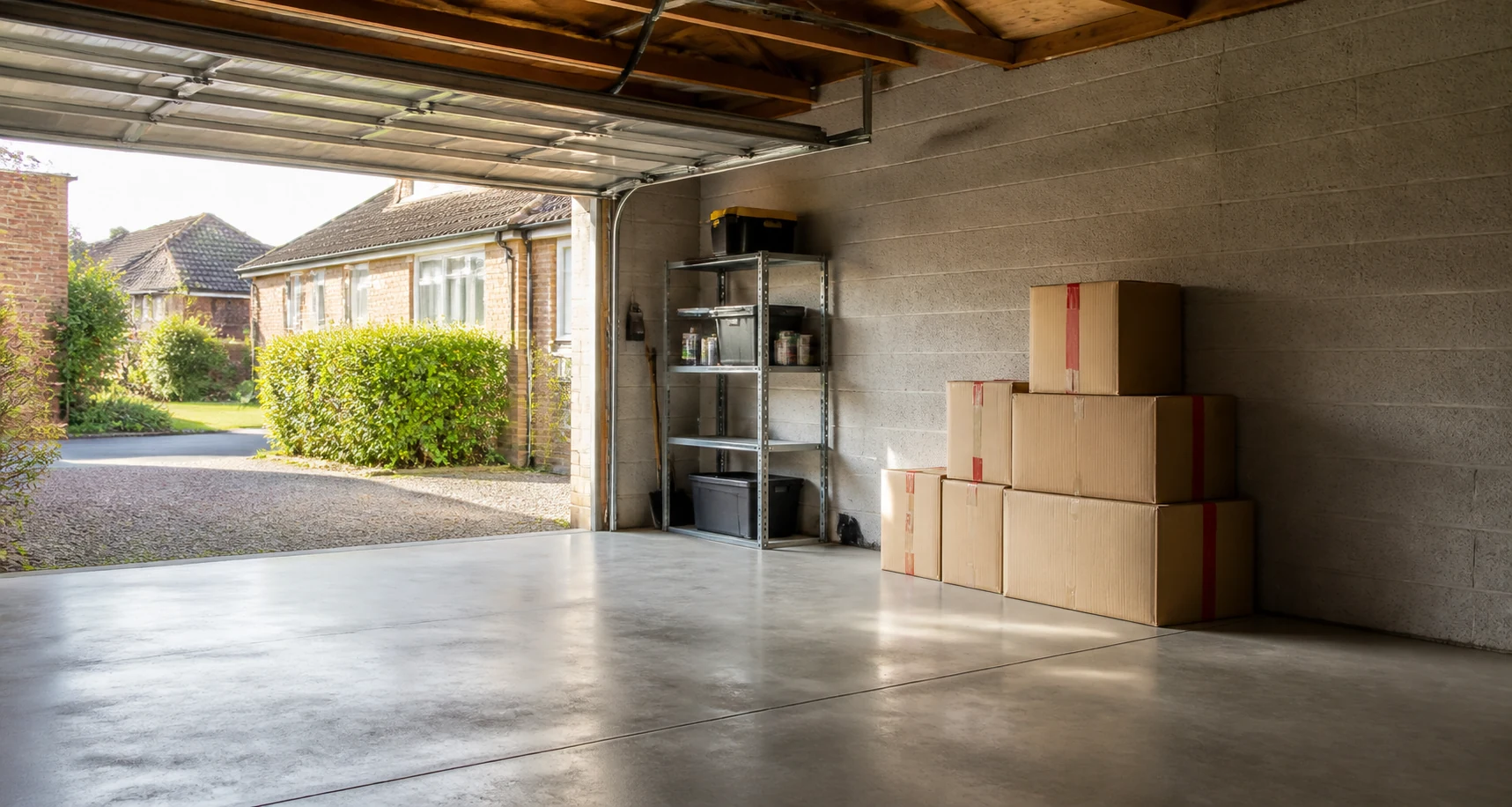 Tidy cleared garage with neatly stacked cardboard boxes.