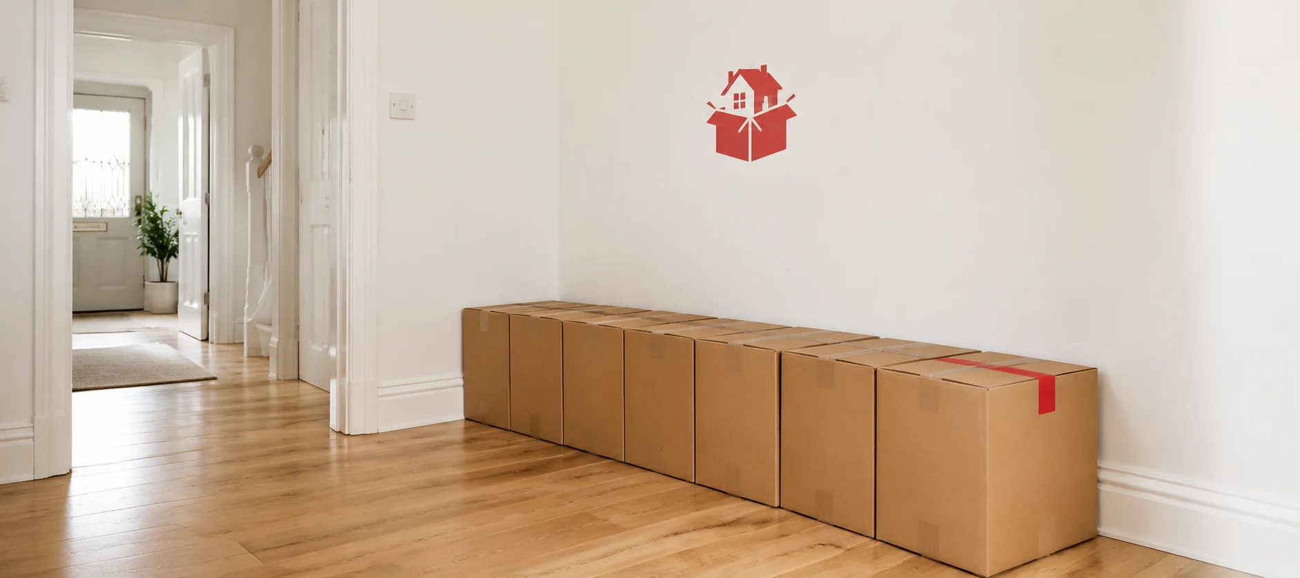 Neatly packed cardboard boxes in a clean UK hallway after a house clearance