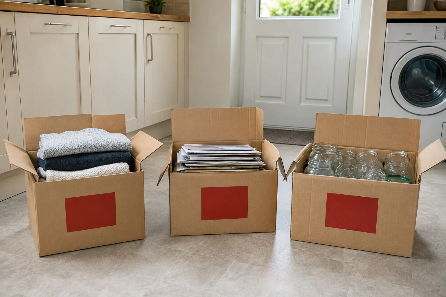 Three neatly sorted cardboard boxes ready before a house clearance