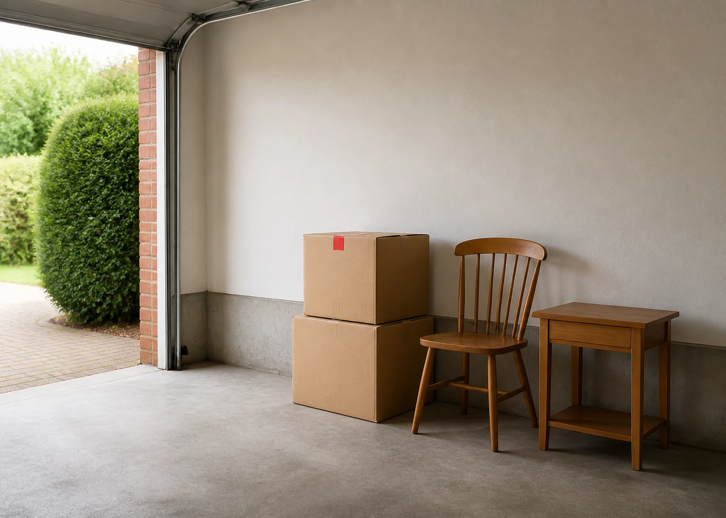 Wooden furniture and cardboard boxes neatly sorted in a cleared garage
